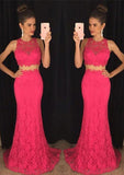 Trumpet/Mermaid Sleeveless Bateau Sweep Train Lace Prom Dress With Beaded - dennisdresses