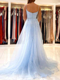 Trumpet/Mermaid Spaghetti Straps Court Train Lace Tulle Prom Dresses With Waistband - dennisdresses