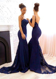 Trumpet/Mermaid Sweetheart Sleeveless Court Train Elastic Satin Bridesmaid Dresses With Appliqued - dennisdresses