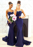 Trumpet/Mermaid Sweetheart Sleeveless Court Train Elastic Satin Bridesmaid Dresses With Appliqued - dennisdresses