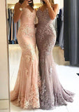 Trumpet/Mermaid Sweetheart Sleeveless Long/Floor-Length Tulle Prom Dress With Appliqued - dennisdresses