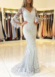 Trumpet/Mermaid V Neck 3/4 Sleeve Sweep Train Tulle Evening Dress With Waistband Appliqued