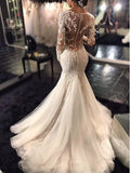 Trumpet/Mermaid V-neck Long Sleeves Lace Court Train Tulle Wedding Dresses - dennisdresses