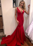 Trumpet/Mermaid V Neck Sleeveless Court Train Elastic Satin Evening Dress With Pleated - dennisdresses