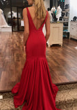 Trumpet/Mermaid V Neck Sleeveless Court Train Elastic Satin Evening Dress With Pleated - dennisdresses