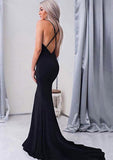 Trumpet/Mermaid V Neck Sleeveless Court Train Elastic Satin Prom Dress - dennisdresses