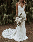 Trumpet/Mermaid V-neck Sleeveless Lace Applique Sweep/Brush Train Wedding Dresses - dennisdresses