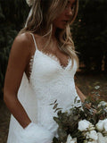 Trumpet/Mermaid V-neck Sleeveless Lace Applique Sweep/Brush Train Wedding Dresses - dennisdresses