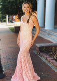 Trumpet/Mermaid V Neck Sleeveless Sweep Train Lace Prom Dress With Pleated Beading - dennisdresses