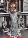 Trumpet/Mermaid V Neck Sleeveless Sweep Train Tulle Evening Dress With Beading Appliqued