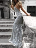 Trumpet/Mermaid V Neck Sleeveless Sweep Train Tulle Evening Dress With Beading Appliqued - dennisdresses