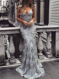 Trumpet/Mermaid V Neck Sleeveless Sweep Train Tulle Evening Dress With Beading Appliqued - dennisdresses