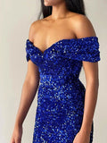 Trumpet/Mermaid Velvet Sequins Off-the-Shoulder Sleeveless Sweep/Brush Train Dresses - dennisdresses