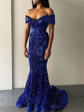 Trumpet/Mermaid Velvet Sequins Off-the-Shoulder Sleeveless Sweep/Brush Train Dresses - dennisdresses