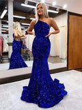 Trumpet/Mermaid Velvet Sequins Ruffles One-Shoulder Sleeveless Sweep/Brush Train Dresses - dennisdresses