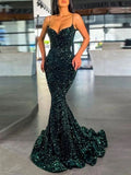 Trumpet/Mermaid Velvet Sequins Spaghetti Straps Sleeveless Sweep/Brush Train Dresses - dennisdresses