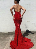 Trumpet/Mermaid Velvet Sequins Sweetheart Sleeveless Court Train Dresses - dennisdresses