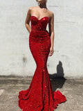 Trumpet/Mermaid Velvet Sequins Sweetheart Sleeveless Court Train Dresses - dennisdresses