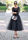 Tulle Ankle-Length A-Line/Princess 3/4 Sleeve Bateau Zipper Prom Dress With Appliqued