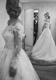 Tulle Long/Floor-Length A-Line/Princess Full/Long Sleeve Off-The-Shoulder Covered Button Wedding Dress With Appliqued - dennisdresses