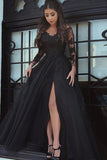 Tulle Long/Floor-Length A-Line/Princess Full/Long Sleeve Sweetheart Zipper Prom Dress With Appliqued - dennisdresses