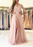 Tulle Prom Dress A-Line/Princess Bateau Sweep Train With Lace Waistband