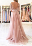 Tulle Prom Dress A-Line/Princess Bateau Sweep Train With Lace Waistband - dennisdresses