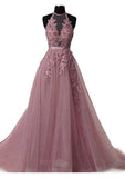 Tulle Prom Dress A-Line/Princess Scoop Neck Court Train With Appliqued