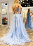 Tulle Prom Dress A-line/Princess Sweep Train Sleeveless With Split Lace Appliqued - dennisdresses