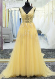 Tulle Prom Dress A-Line/Princess V-Neck Court Train With Appliqued - dennisdresses