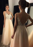 Tulle Prom Dress A-Line/Princess V-Neck Long/Floor-Length With Appliqued