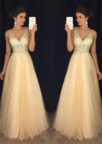 Tulle Prom Dress A-Line/Princess V-Neck Long/Floor-Length With Appliqued - dennisdresses