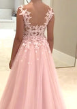 Tulle Prom Dress A-Line/Princess V-Neck Long/Floor-Length With Appliqued - dennisdresses