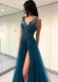 Tulle Prom Dress A-Line/Princess V-Neck Long/Floor-Length With Appliqued Beaded Split Front - dennisdresses