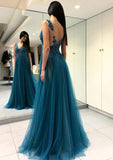 Tulle Prom Dress A-Line/Princess V-Neck Long/Floor-Length With Appliqued Beaded Split Front - dennisdresses