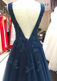 Tulle Prom Dress A-Line/Princess V-Neck Long/Floor-Length With Beaded Appliqued - dennisdresses