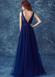 Tulle Sweep Train A-Line/Princess Sleeveless V-Neck Zipper Prom Dress With Appliqued Beaded - dennisdresses