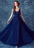 Tulle Sweep Train A-Line/Princess Sleeveless V-Neck Zipper Prom Dress With Appliqued Beaded