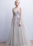 Tulle Sweep Train A-Line/Princess Sleeveless V-Neck Zipper Prom Dress With Appliqued Beaded - dennisdresses