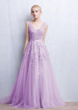 Tulle Sweep Train A-Line/Princess Sleeveless V-Neck Zipper Prom Dress With Appliqued Beaded - dennisdresses