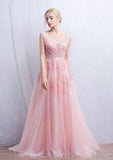 Tulle Sweep Train A-Line/Princess Sleeveless V-Neck Zipper Prom Dress With Appliqued Beaded - dennisdresses