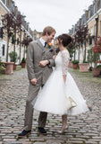 Tulle Wedding Dress A-Line/Princess Bateau Tea-Length With Lace - dennisdresses