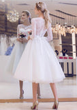 Tulle Wedding Dress A-Line/Princess Bateau Tea-Length With Lace - dennisdresses