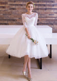 Tulle Wedding Dress A-Line/Princess Bateau Tea-Length With Lace - dennisdresses