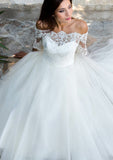 Tulle Wedding Dress A-Line/Princess Off-The-Shoulder Ankle-Length With Lace - dennisdresses