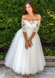 Tulle Wedding Dress A-Line/Princess Off-The-Shoulder Ankle-Length With Lace