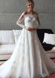 Tulle Wedding Dress A-Line/Princess Off-The-Shoulder Court Train Lace - dennisdresses