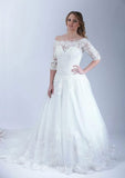 Tulle Wedding Dress Ball Gown Off-The-Shoulder Sweep Train With Lace