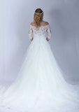 Tulle Wedding Dress Ball Gown Off-The-Shoulder Sweep Train With Lace - dennisdresses