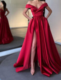 A-Line Minimalist Sexy High Split Engagement Prom Birthday Dress Off Shoulder Sleeveless Floor Length Satin with Pleats Slit 2023